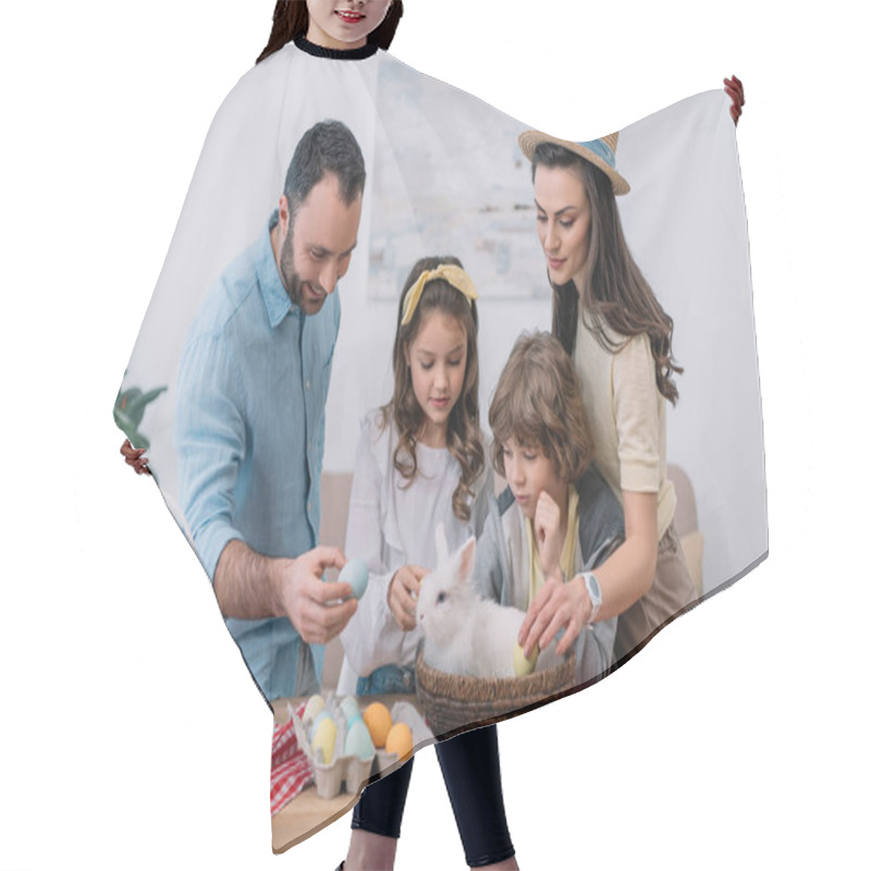 Personality  Young Family Preparing For Easter Holiday With Bunny Sitting In Basket On Table Hair Cutting Cape