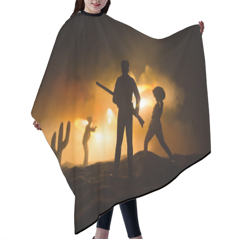 Personality  Western Concept. Battle Between Cowboys At Night. Duel To The Death. Creative Artwork Decoration On Toned Foggy Background In Selective Focus Hair Cutting Cape