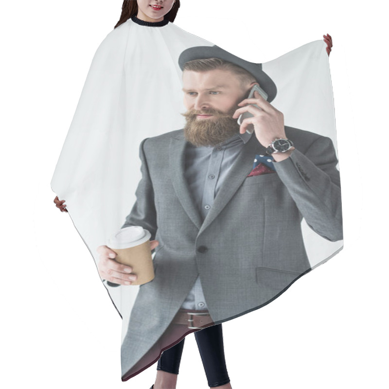 Personality  Stylish Bearded Businessman Holding Paper Cup And Talking On Phone Isolated On Light Background Hair Cutting Cape