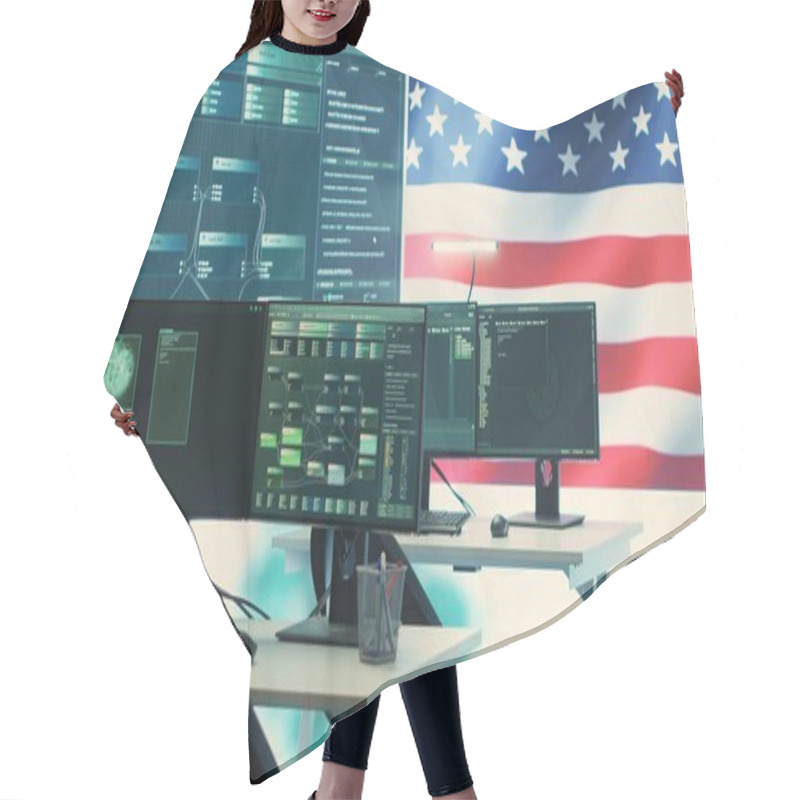 Personality  Cyber Intelligence And Secure Operations Center With USA Flag On Big Screen. Highlighting Governmental Cybersecurity Strategy, Digital Forensics And Protection Against Cyber Threats. Camera A. Hair Cutting Cape