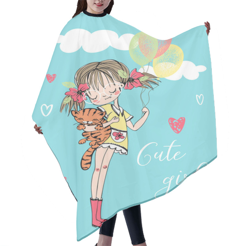 Personality  Cute Girl With A Kitten And Balloons. Vector Illustration Hair Cutting Cape