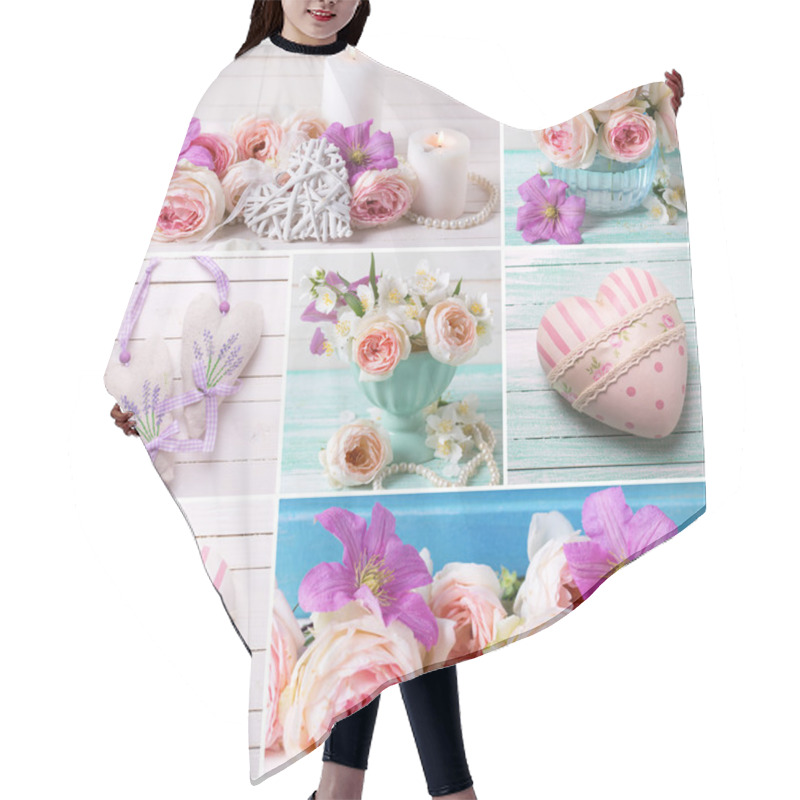 Personality  Collage  With Roses And Hearts. Hair Cutting Cape