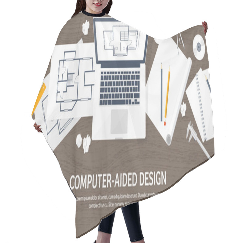 Personality  Vector Illustration. Engineering And Architecture. Computer. Drawing, Construction.  Architectural Project. Design, Sketching. Workspace With Tools. Planning, Building. Wooden Background. Hair Cutting Cape