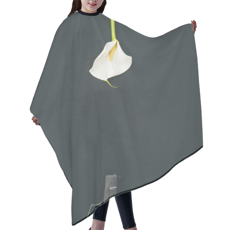 Personality  Gun With White Calla Flower Isolated On Black Hair Cutting Cape