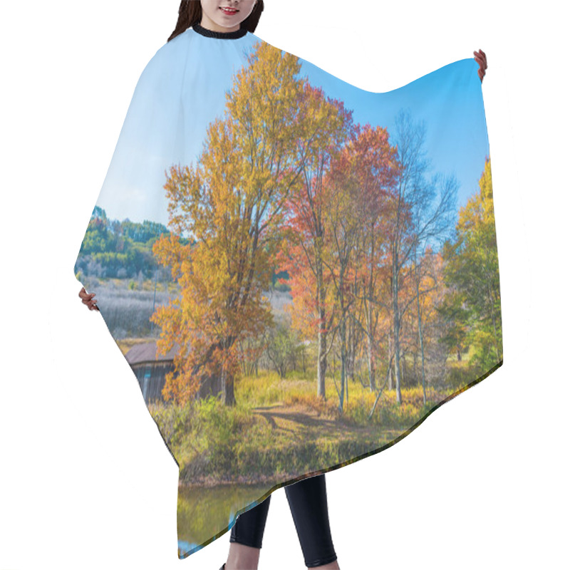 Personality  An old abandoned country shed surrounded in fall foliage hair cutting cape