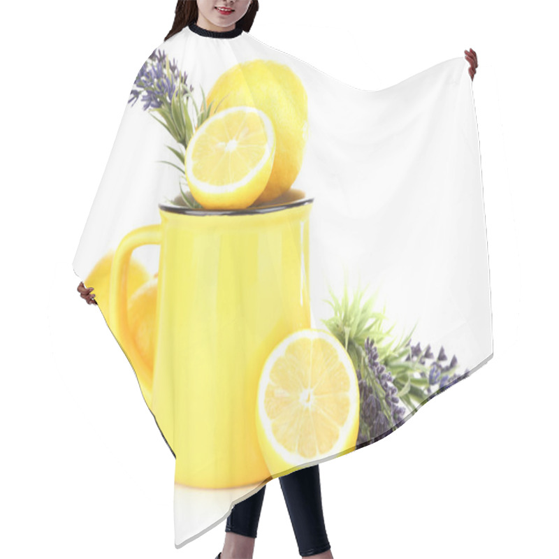 Personality  Still Life With Fresh Lemons And Lavender, Isolated On White Hair Cutting Cape