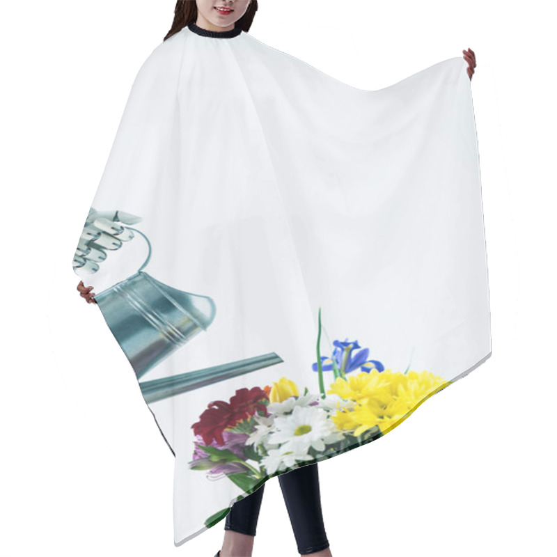 Personality  Hand Of Robot Holding Watering Can And Beautiful Blooming Flowers Isolated On White Hair Cutting Cape