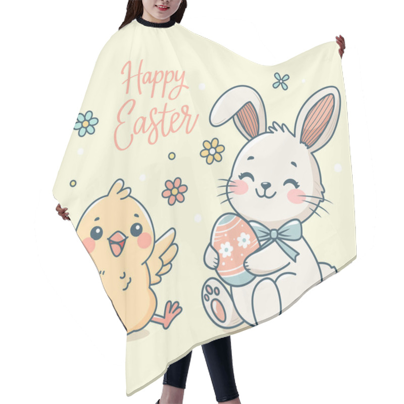 Personality  Cute Happy Easter Greeting Card With Funny Chick, Easter Bunny, Flowers, Easter Eggs And Greeting Hand Lettering. Flat Vector Hair Cutting Cape