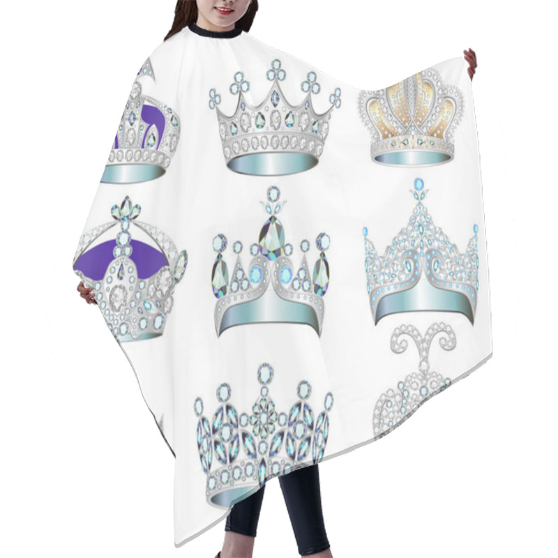 Personality  Illustration Set Of Jewelry Silver Crowns With Precious Stones. Hair Cutting Cape