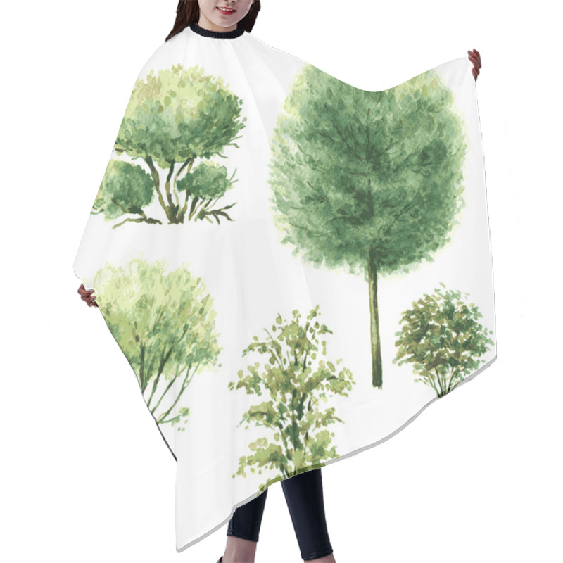 Personality  Set Of Green Trees And Bushes. Hair Cutting Cape