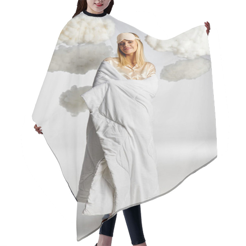 Personality  A Dreamy Blonde Woman In A White Blanket Surrounded By Fluffy Clouds. Hair Cutting Cape