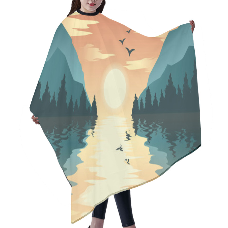 Personality  An Abstract Image Of A Sunset Or Dawn Over Mountains In The Background And A River Or Lake In The Foreground. Mountain. Vector Illustration. Flat Natural Landscape With Trees. Beautiful Scenery Hair Cutting Cape