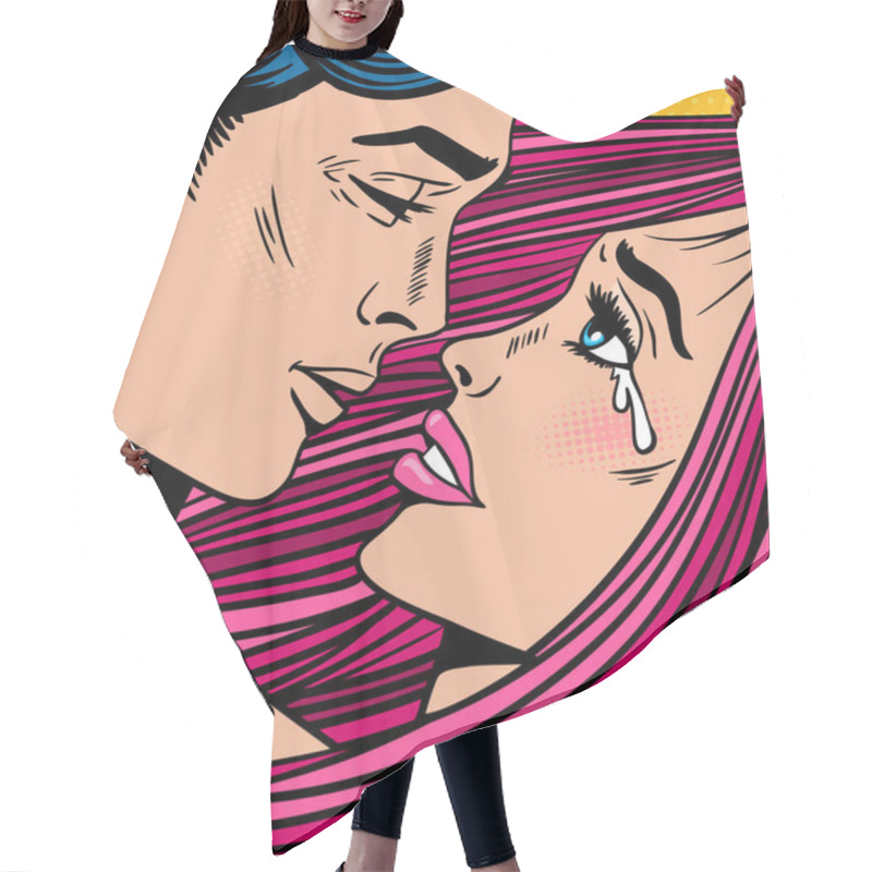 Personality  Pop Art Real Love Couple. Crying Woman With Pink Hair And Open Mouth And Sexy Man Before Kiss. Vector Colorful Background In Pop Art Retro Comic Style. Valentine's Day Poster. Hair Cutting Cape