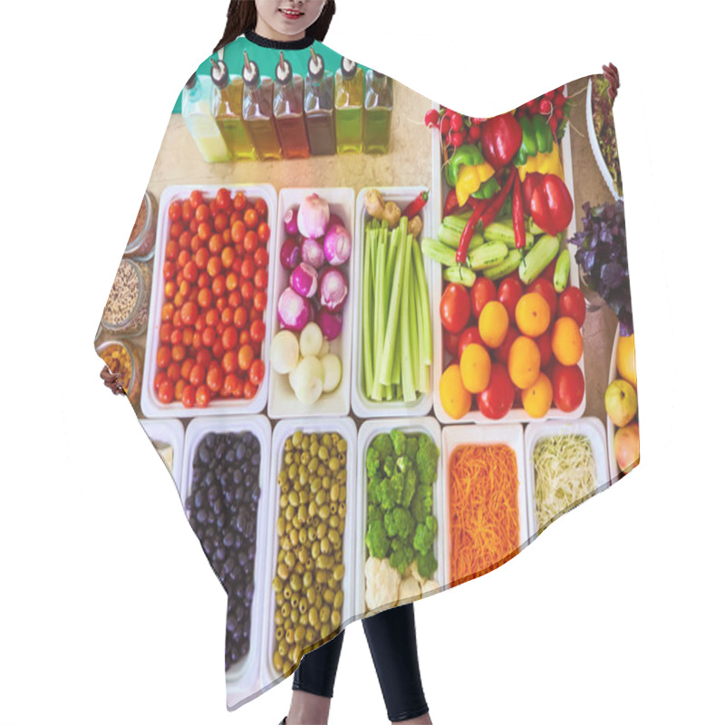 Personality  Salad Bar Fresh Vegetables Sliced Top View Tomato Carrot Celery Cucumber Cherry Tomato Sweet Pepper. Hair Cutting Cape