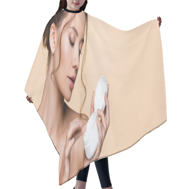 Personality  Young Model With Naked Shoulders Holding Cosmetic Cream And Cap Isolated On Beige, Banner  Hair Cutting Cape