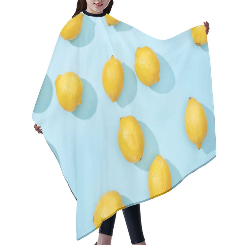 Personality  Top View Of Ripe Yellow Lemons On Blue Background With Shadows Hair Cutting Cape