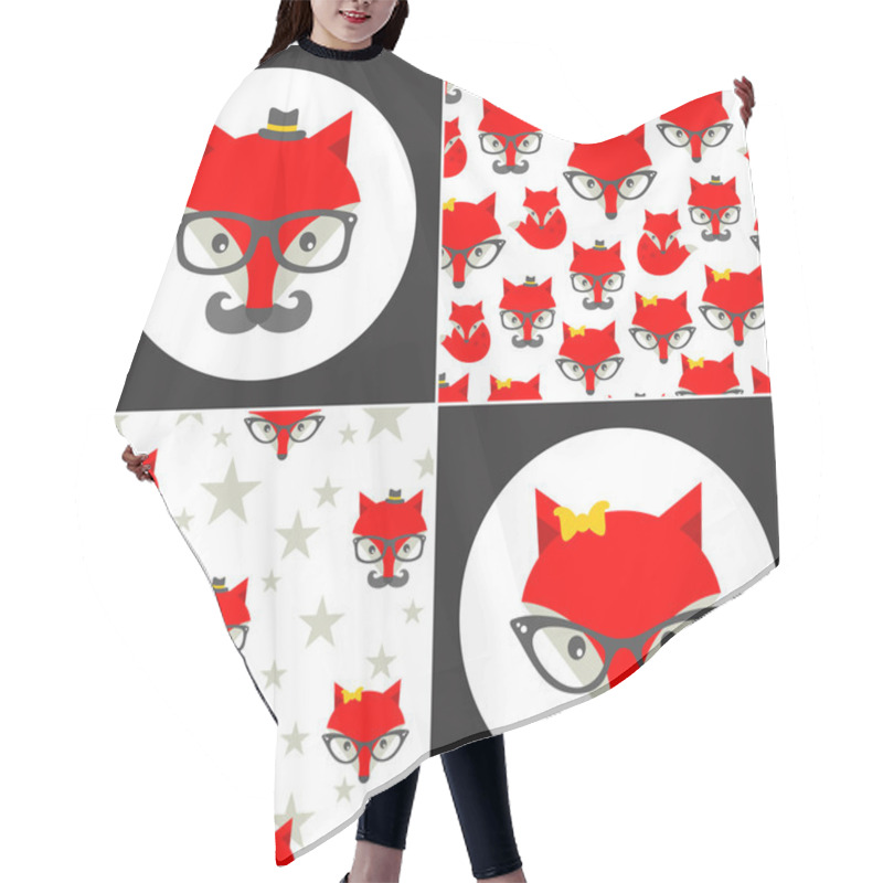 Personality  Set Of Cute Seamless Patterns With Hipster Fox. Hair Cutting Cape