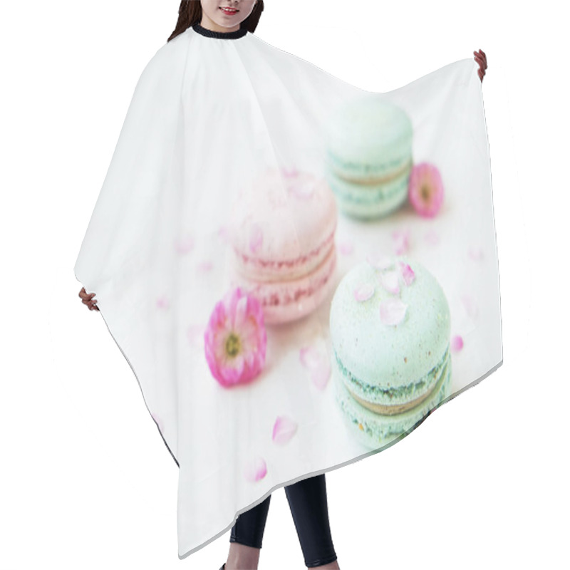 Personality  Macaron Or Macaroon French Coockie On White Textured Background With Spring Lila Flowers, Pastel Colors.  Hair Cutting Cape