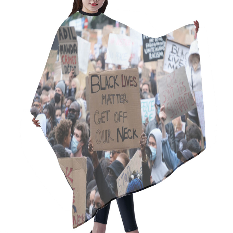 Personality  Protesters Hold Placards As They Gather In Central Brussels During The Black Lives Matter Protest Rally, Sunday, June 7, 2020.  Hair Cutting Cape