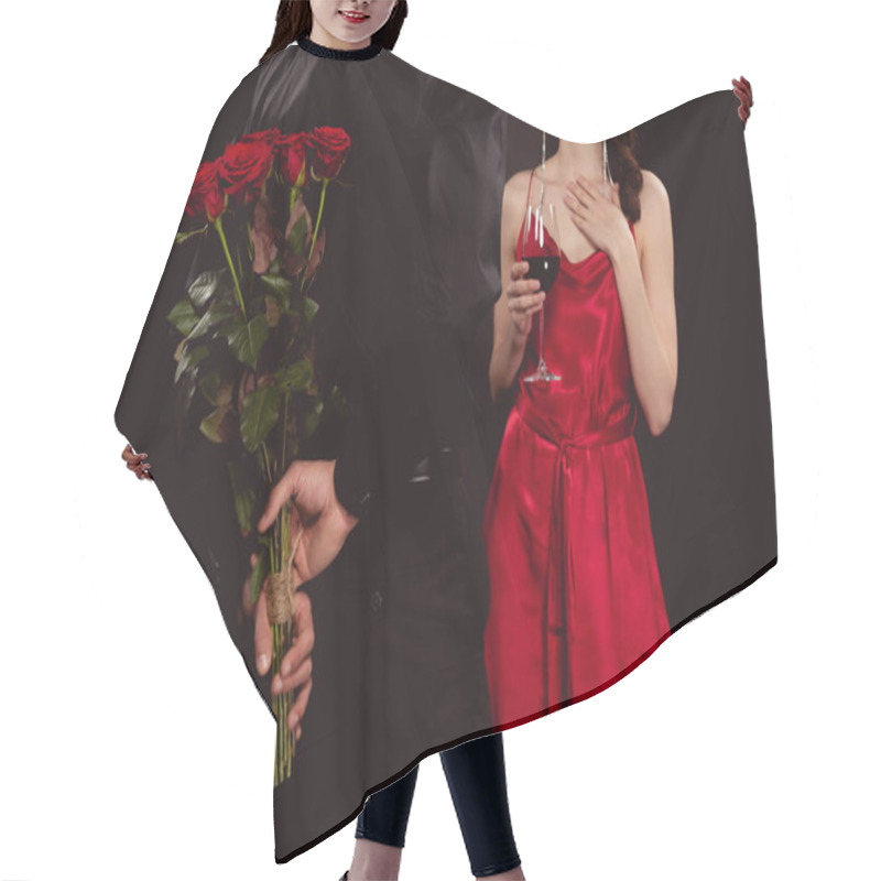 Personality  Cropped View Of Man Hiding Bouquet Of Roses Near Beautiful Girlfriend With Red Wine Isolated On Black Hair Cutting Cape