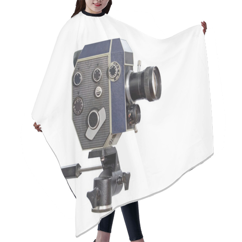 Personality  Retro Movie Camera 8mm 16mm Film. Studio White Background. Hair Cutting Cape