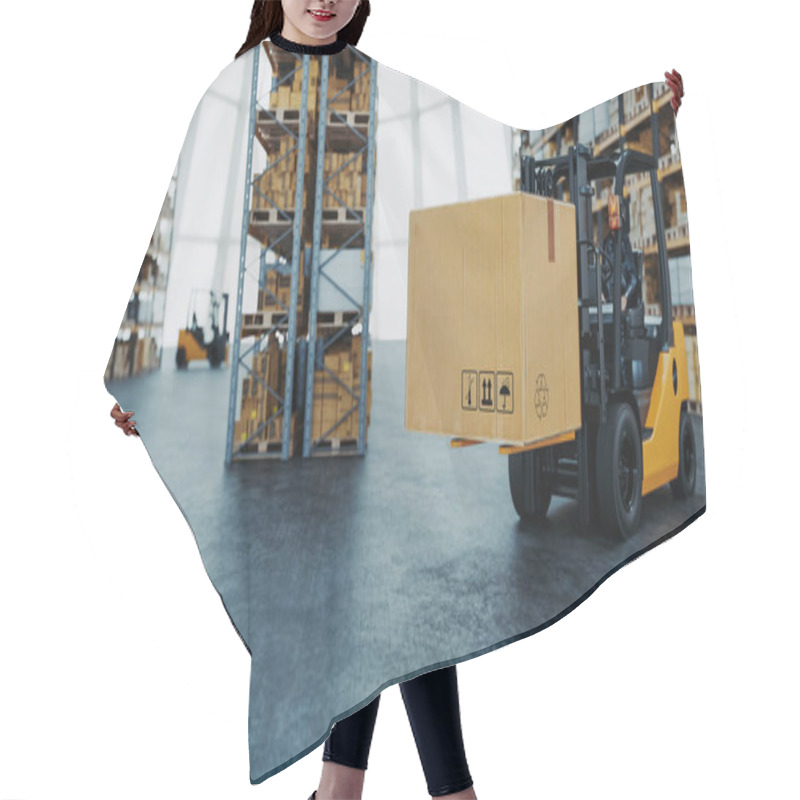 Personality  Forklift Carrying Cardboard Boxes In Warehouse. 3d, Rendering, Illustration, Hair Cutting Cape