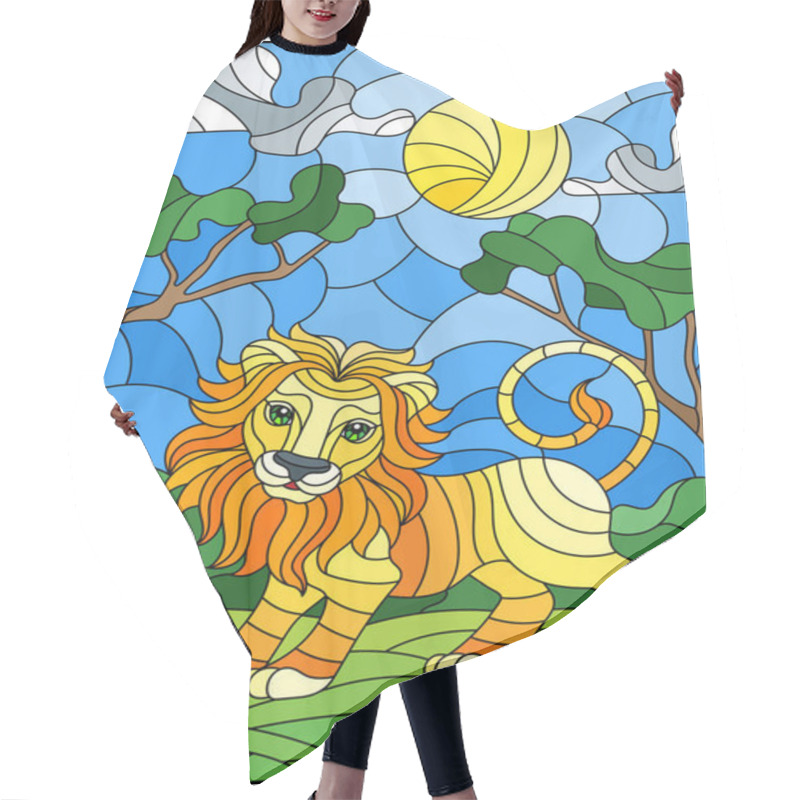 Personality  Illustration In Stained Glass Style With Cute Lion On The Background Of Green Trees Of Cloudy Sky And Sun Hair Cutting Cape