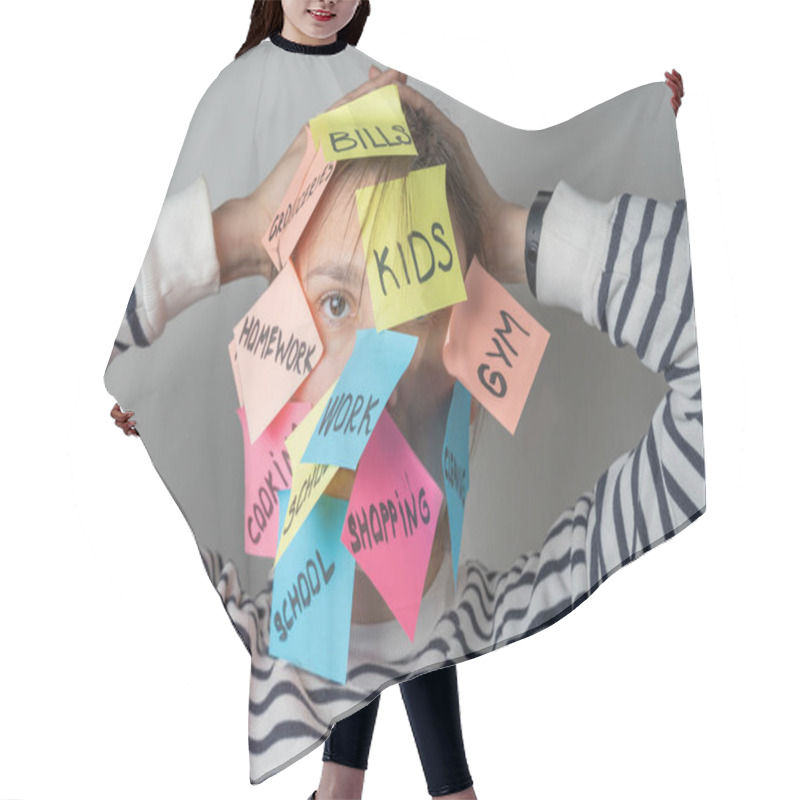 Personality  Mental Load Concept - Female Has Post-it Notes With Social Responcibilities On Her Face. High Quality Photo Hair Cutting Cape