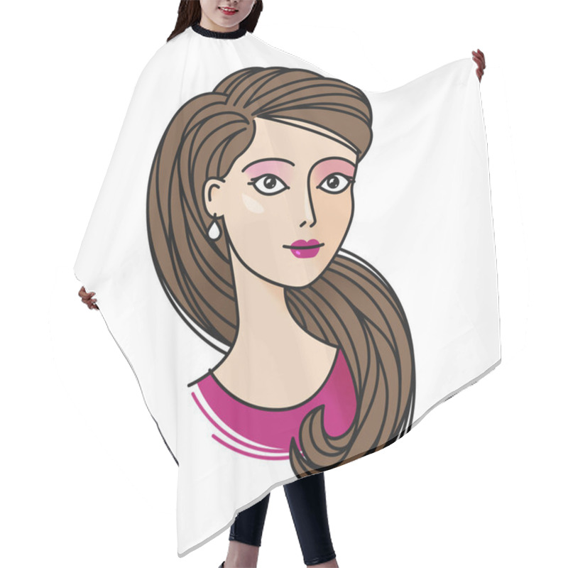 Personality  Portrait Of Cute Girl. Beautiful Young Woman Icon Or Symbol. Cartoon Vector Illustration Hair Cutting Cape