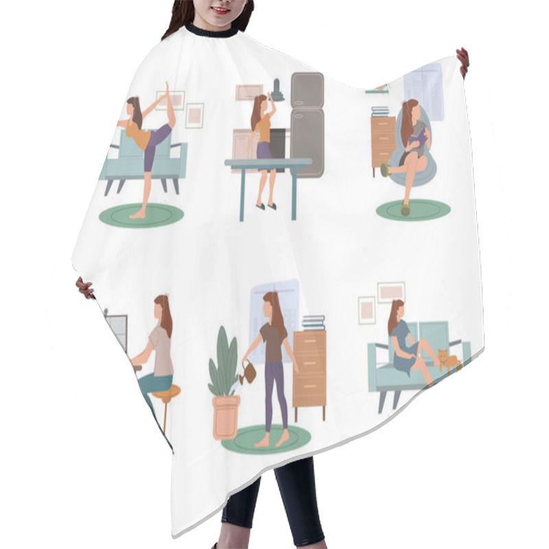 Personality  Vector Coronavirus With Drawn Woman Practicing Yoga, Reading Book, Working From Home, Watering Plant, And Resting With Cat On Sofa On White Hair Cutting Cape