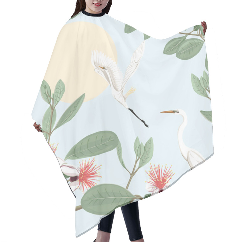 Personality  Seamless Pattern, Background With Floral Pattern With Feijoa Blooming Flowers And Herons.  Hair Cutting Cape