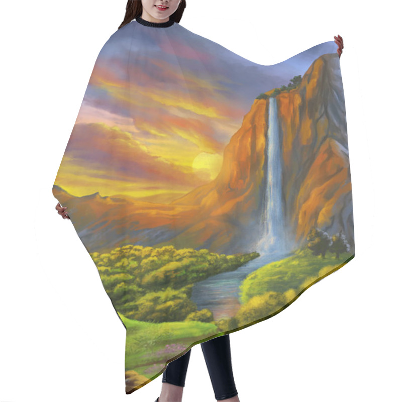 Personality  Fantasy Landscape With Waterfall At Sunset. Digital Painting. Hair Cutting Cape