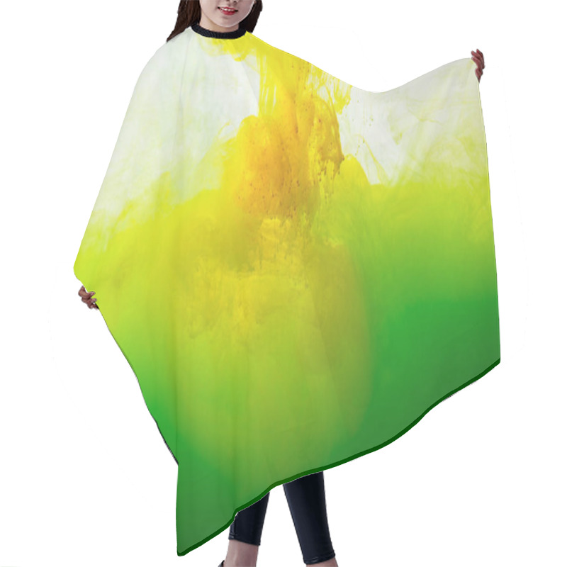 Personality  Close Up View Of Mixing Of Green And Yellow Paints Splashes In Water Isolated On Gray Hair Cutting Cape