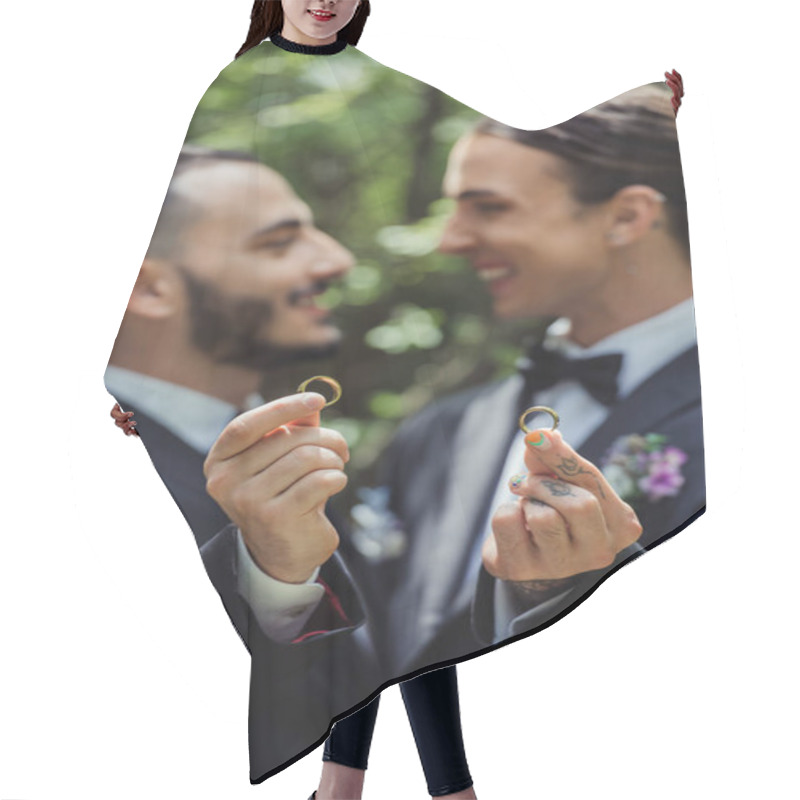 Personality  Happy And Blurred Gay Men Holding Wedding Rings In Hands And Looking At Each Other Hair Cutting Cape