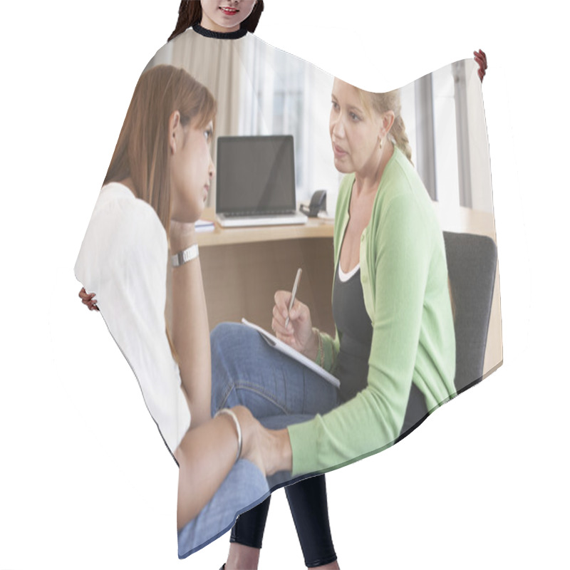 Personality  Young Woman Having Counselling Session Hair Cutting Cape