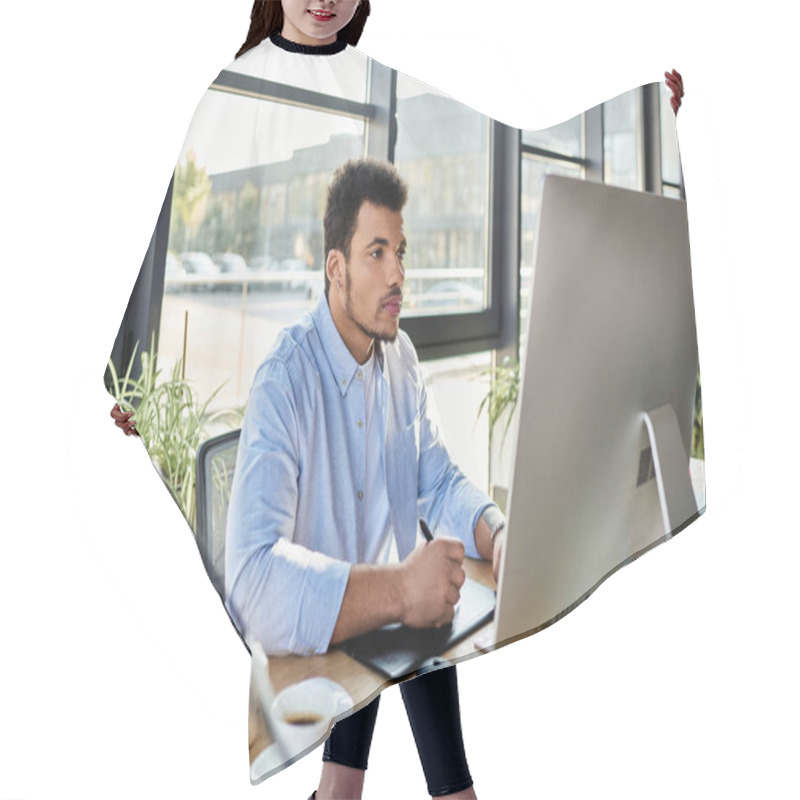 Personality  A Focused Man Works Diligently At His Desk, Surrounded By Greenery And Bright Sunlight. Hair Cutting Cape