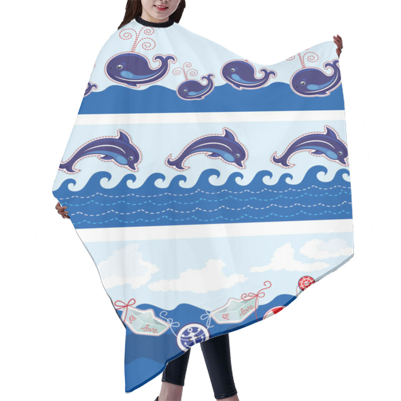 Personality  Set Of Seamless Sea Borders With Dolphins, Whales, Paper Ships A Hair Cutting Cape