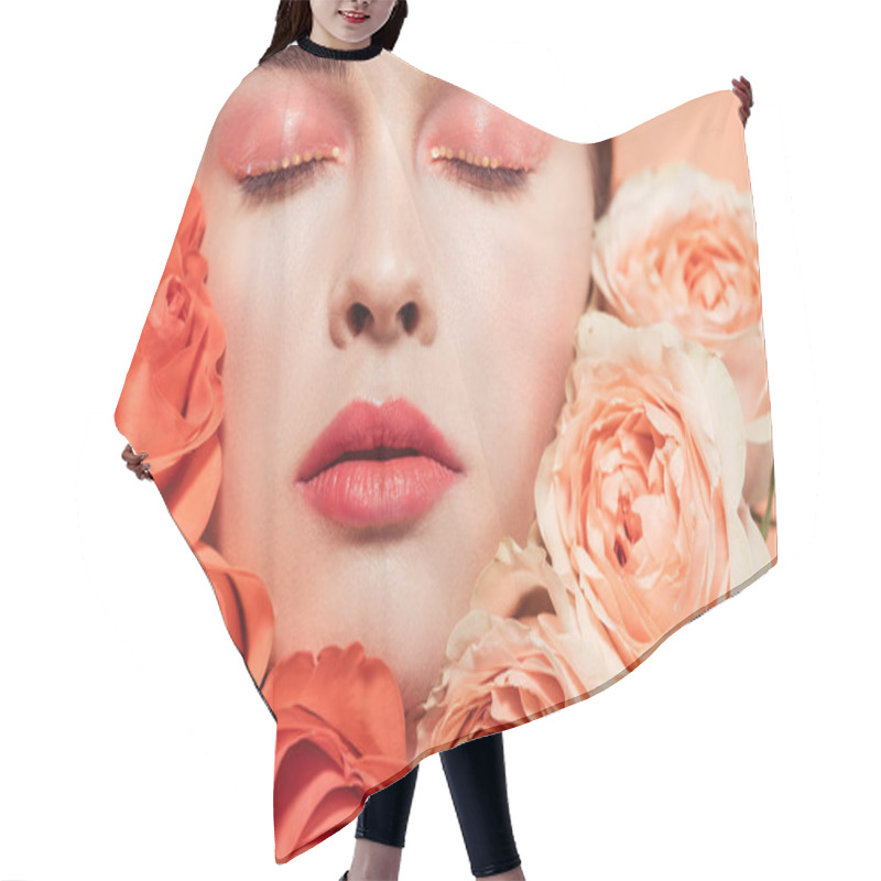 Personality  Beautiful Trendy Girl Posing With Rose Flowers And Eyes Closed Isolated On Coral Hair Cutting Cape