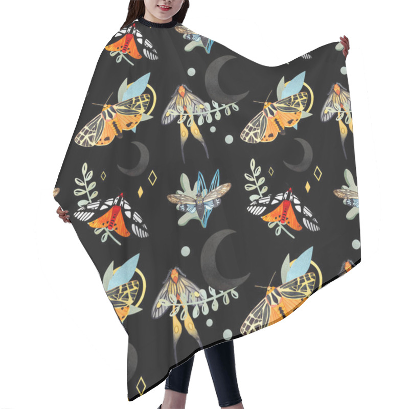 Personality  Mystical Print With Moths, A Black Moon And Plants On A Black Background. Watercolor Seamless Pattern With Magic Night. Hair Cutting Cape