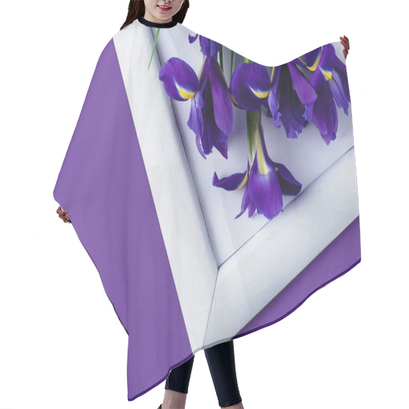 Personality  Top View Of Iris Flowers On White Frame On Purple Surface Hair Cutting Cape