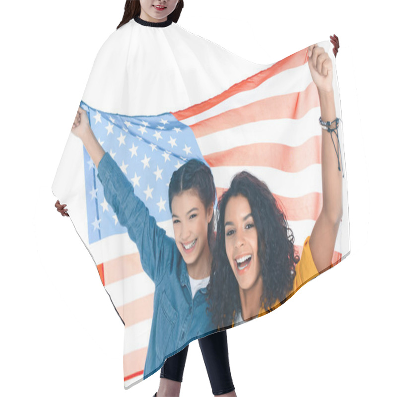 Personality  Teenage Student Girls With Usa Flag Isolated On White Hair Cutting Cape