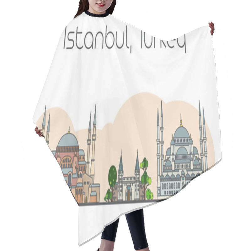 Personality  Flat Vector Line Illustration Of Istanbul, Turkey Cityscape. Famous Landmarks, City Sights And Design Icons Isolated On Abstract White And Beige Background Hair Cutting Cape