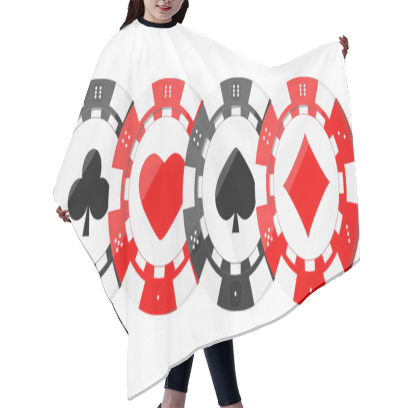 Personality  Poker Chips With Card Suits Hearts, Spades, Diamonds, Clubs In Horizontal Row. Red And Black Casino Chip Icons Isolated On White Background. Vector Flat Design Illustration. Games Of Chance Concept. Hair Cutting Cape