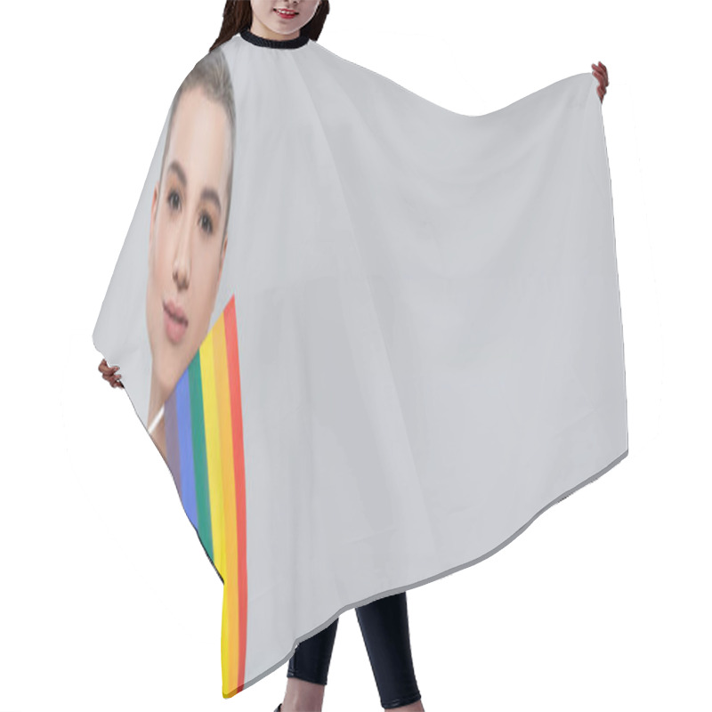 Personality  Woman With Short Hair Holding Small Lgbt Flag Isolated On Grey, Banner Hair Cutting Cape