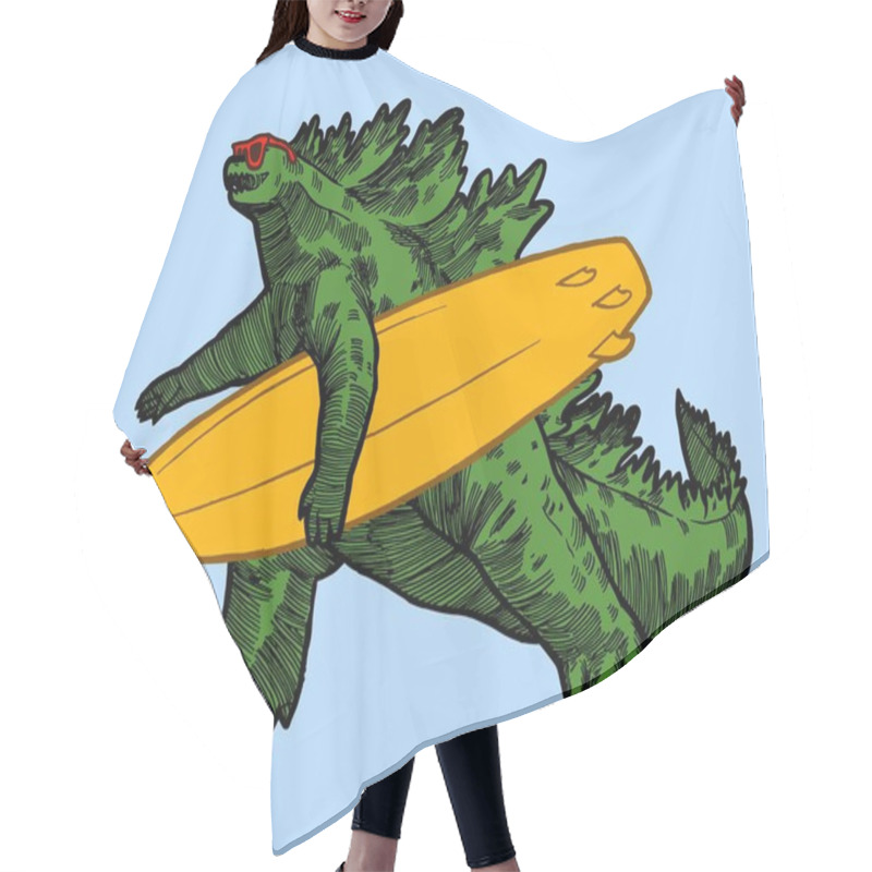 Personality  Godzilla Carrying Surfboard. Isolated Japanese Monster Beach Character Illustration. Hair Cutting Cape