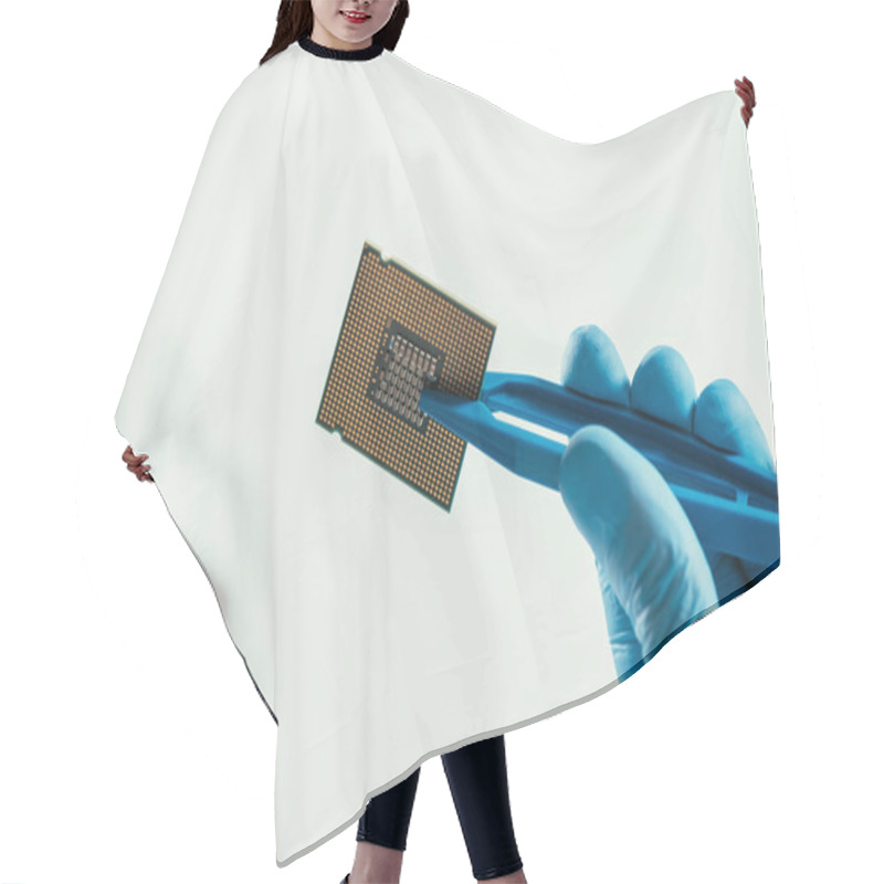 Personality  Cropped View Of Engineer Holding Computer Microchip With Tweezers Hair Cutting Cape