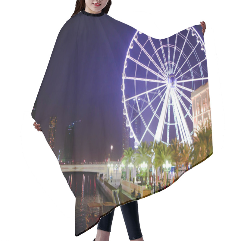 Personality  Giant Ferry Wheel And Water Canal In Park With Blue Sky Background At Night Hair Cutting Cape