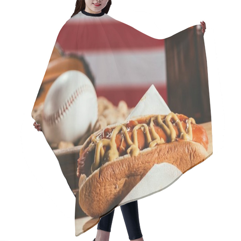 Personality  Close-up View Of Hot Dog, Baseball Bat And Sport Equipment On Wooden Table Hair Cutting Cape