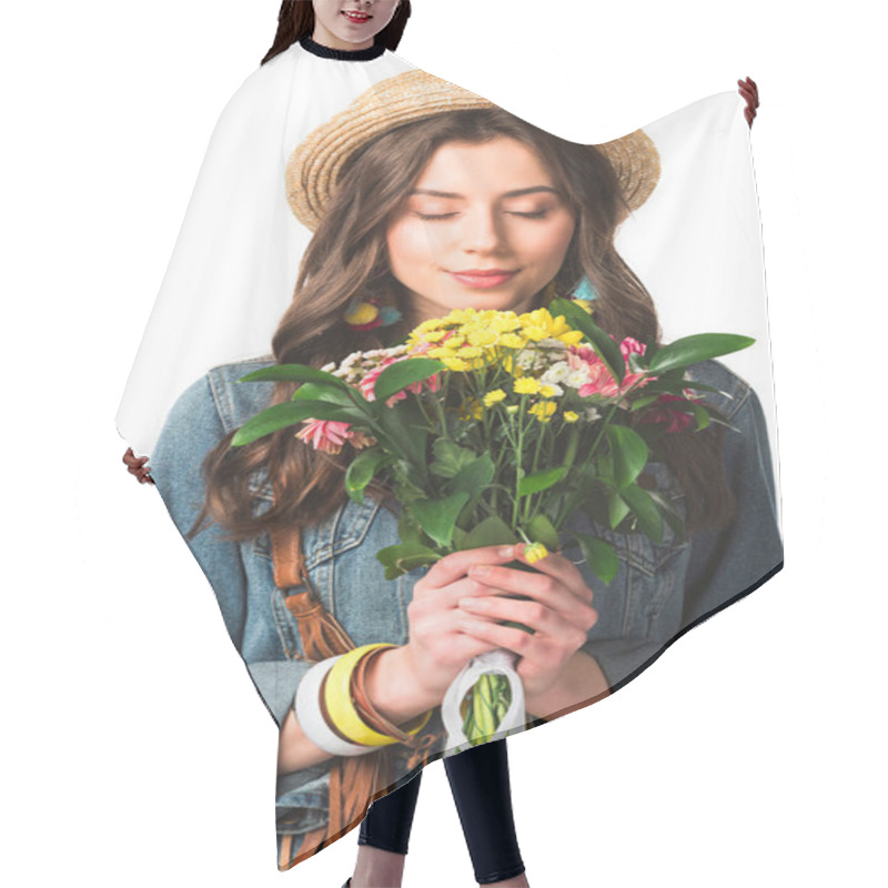 Personality  Happy Boho Girl In Straw Hat Holding Flowers With Closed Eyes Isolated On White Hair Cutting Cape