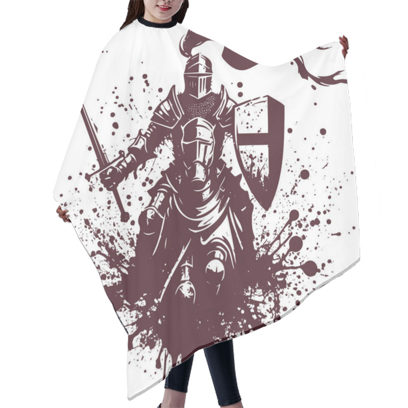 Personality  Medieval Knight With A Sword And Shield In Armor Sits On A Horse Abstract Vector Stencil Drawing Hair Cutting Cape